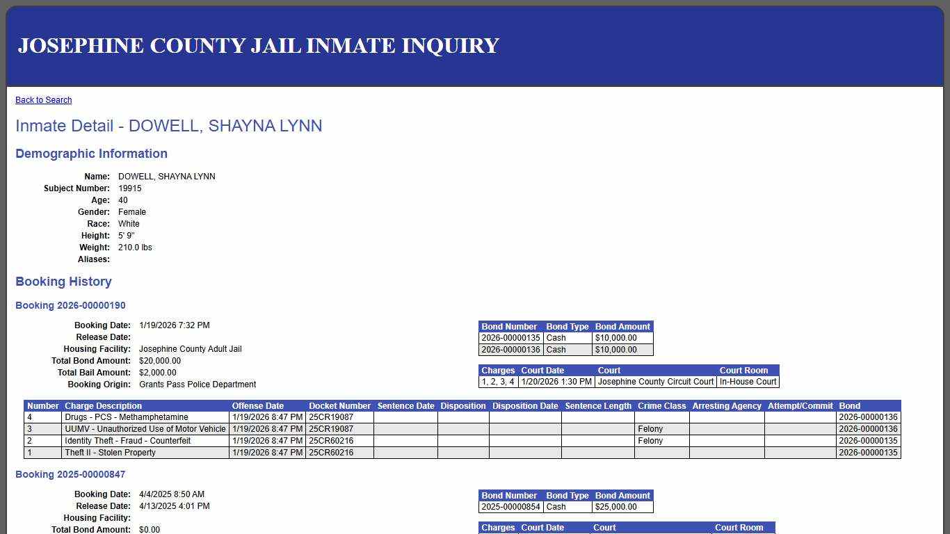 Inmate Detail - DOWELL, SHAYNA LYNN