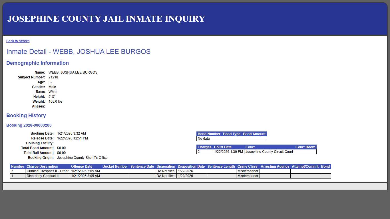 Inmate Detail - WEBB, JOSHUA LEE BURGOS